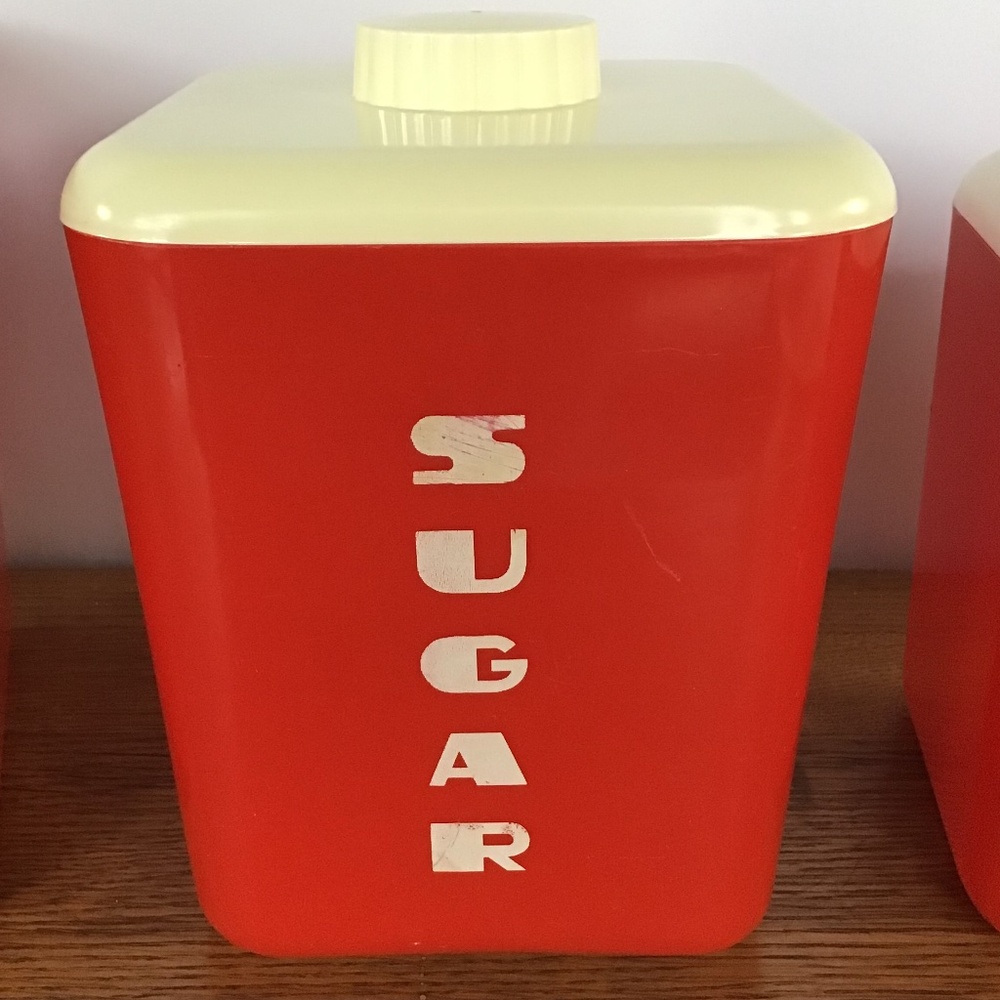 Vintage Lustro Ware Canister 8pc Set Red & Cream Flour Sugar Coffee Tea - Picture 2 of 15